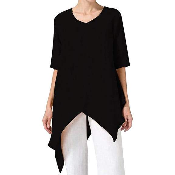 Pimfylm Women's Cotton Linen Blouse Cute Tunics Tops Shirt(Black,M)