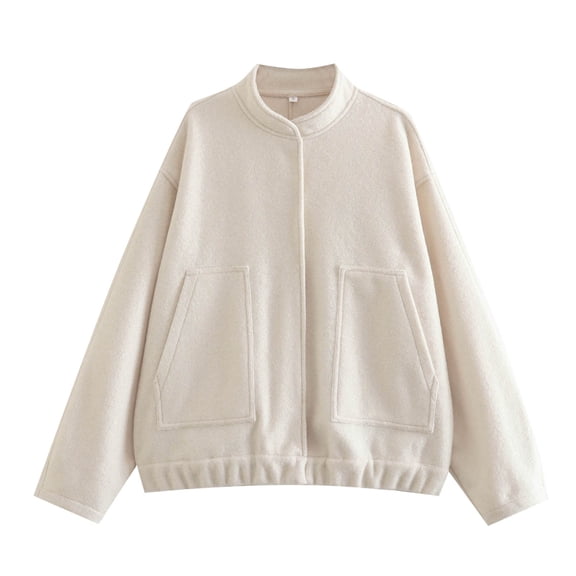 Pimfylm Women's Cropped Suede Bomber Jacket Fall Casual Oversized Shacket Coat Long Sleeve Trendy Outerwear Beige, S