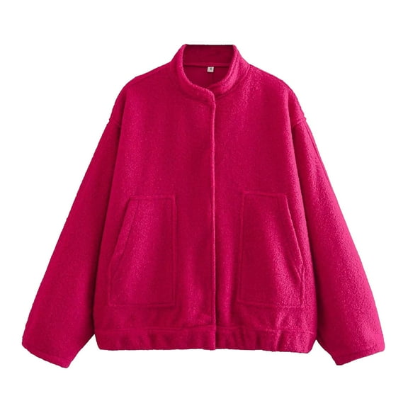 Pimfylm Women's Cropped Suede Bomber Jacket Fall Casual Oversized Shacket Coat Long Sleeve Trendy Outerwear Hot Pink, S