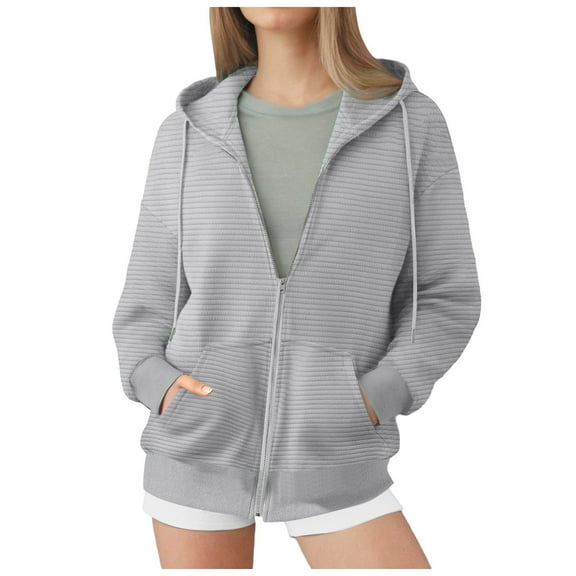 Pimfylm Women's Drawstring Zip Up Cute Hoodies Fall Jacket Oversized Casual Sweatshirts with Pocket Grey, S