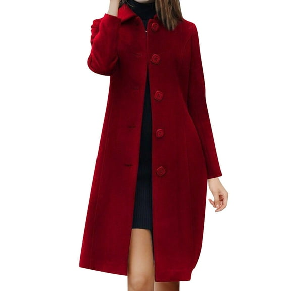 Pimfylm Women's Fall Winter Elegant Single Long Wool Coat Overcoat Red, M