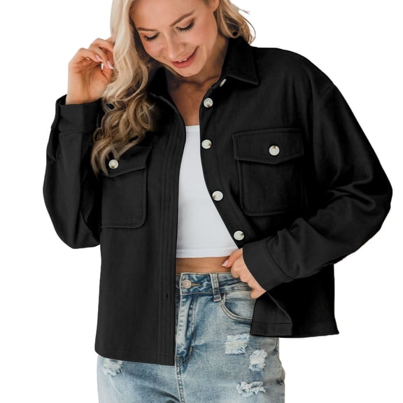 Pimfylm Women's Fashion Cropped Button Down Lightweight Cropped Bomber Jacket Varsity Shacket with Side Pockets Black, XXL