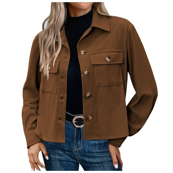 Pimfylm Women's Fashion Cropped Shacket Button Down Corduroy Shacket Jackets Casual Plaid Long Sleeve Crop Jackets Tops Coffee, XL