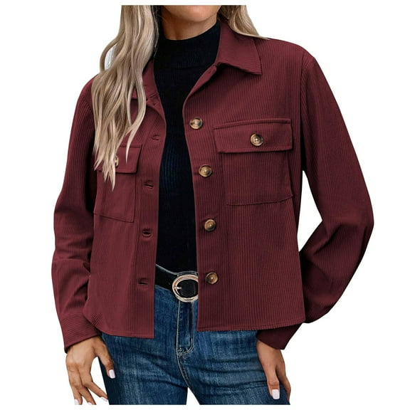 Pimfylm Women's Fashion Cropped Shacket Button Down Corduroy Shacket Jackets Casual Plaid Long Sleeve Crop Jackets Tops , XXL