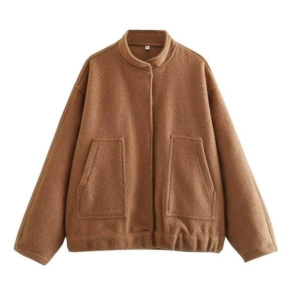 Pimfylm Women's Suede Bomber Jacket Spring Lapel Pilot Coat Casual Oversized Long Sleeves Trendy Streetwear Outerwear Coffee, M