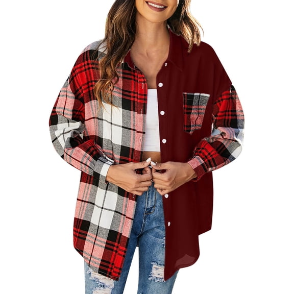 Pimfylm Women's Flannel Shirts Casual Button Down Plaid Shirt Jacket Long Sleeve Fleece Shacket with Pockets , M