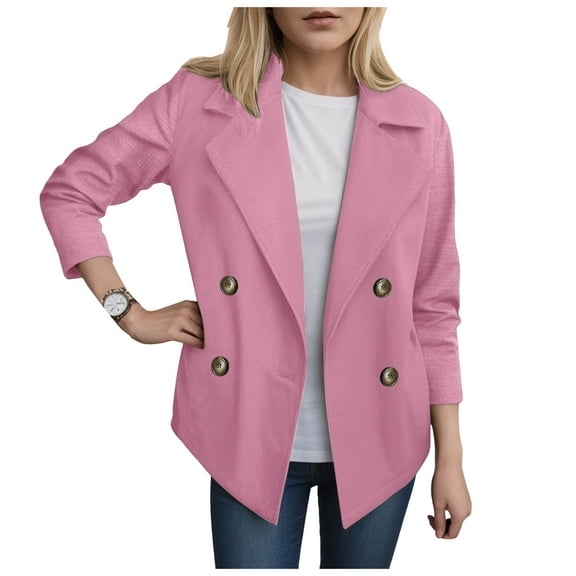 Pimfylm Women's Lapel Button Knitted Patchwork Sleeve Casual Coat Cropped,Women's Patchwork Double Blazer Sweater Hot Pink, L