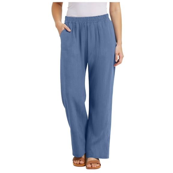 Pimfylm Women's Linen-Like Polyester Pants Wide Leg Summer Beach Palazzo Pants Blue, L