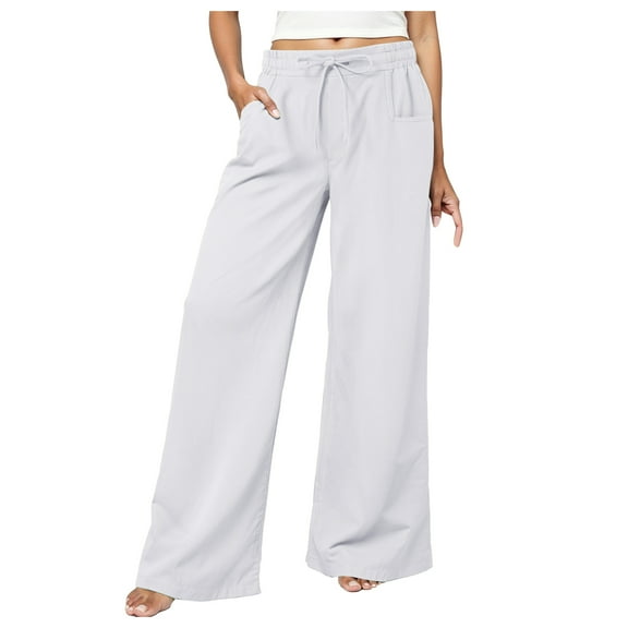 Pimfylm Women's Linen Summer Palazzo Pants Casual Flowy Wide Leg Drawstring High Waist Beach Trousers with Pockets White, XL