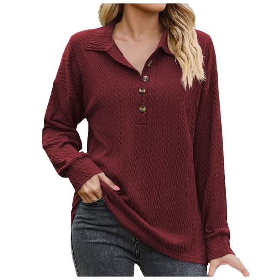 Pimfylm Women's Long Sleeve Shirts 2025 Fall Henley Dressy Loose Casual Tops Trendy Blouses Cute T-Shirts Outfits Clothes Red, S