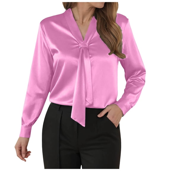 Pimfylm Women's Long Sleeve Tops Dressy Casual Neck Work Blouse Fall Trendy Front Pleated Tunic Chiffon Shirts Pink, S