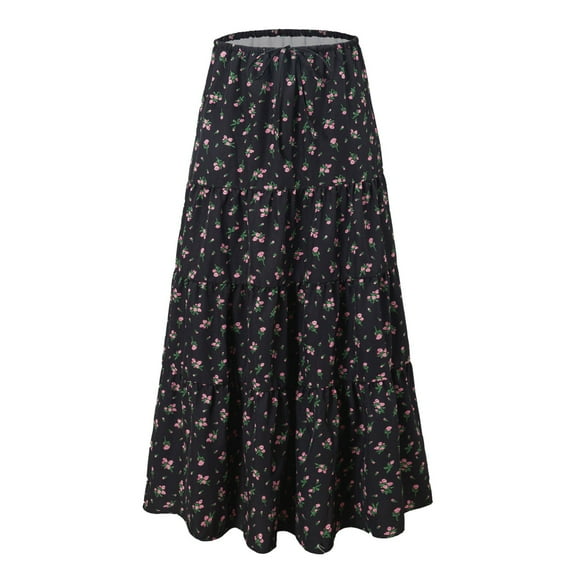 Pimfylm Women's Maxi Skirts Flowy Skirt Elastic High Waist Pleated A-Line Flared Long Skirts Grey, M