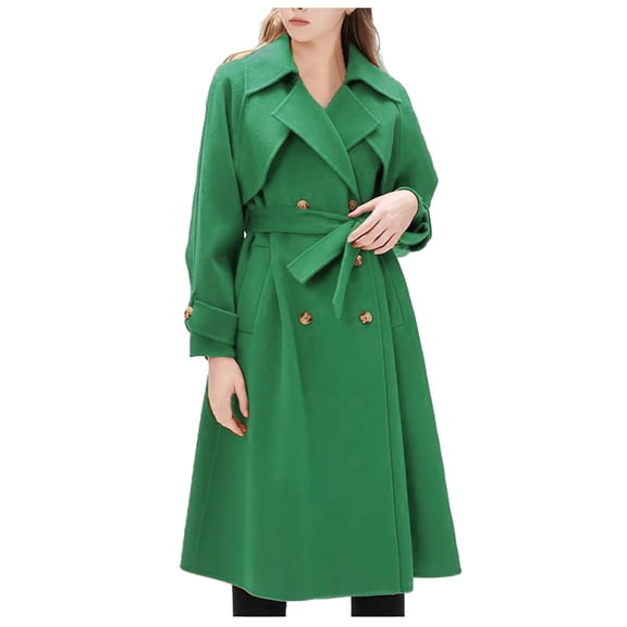 Pimfylm Women's Notch Lapel Double Belted Long Outwear Winter Coat Green, M