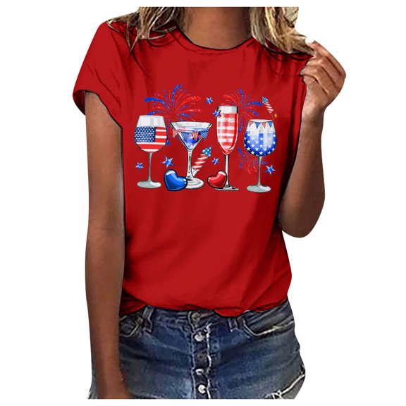Pimfylm Women's Plus Size 4th of July T-Shirt American Flag Printed Stars Stripes Short Sleeve Tees Tops(Red,XL)