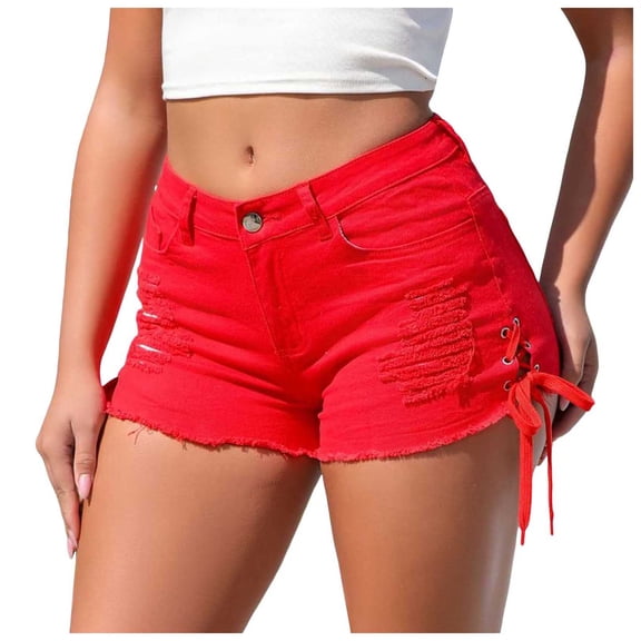 Pimfylm Women's Ripped Distressed Skinny Denim Shorts Sexy Ripped Jean Hot Pants Shorts for Women Red, M
