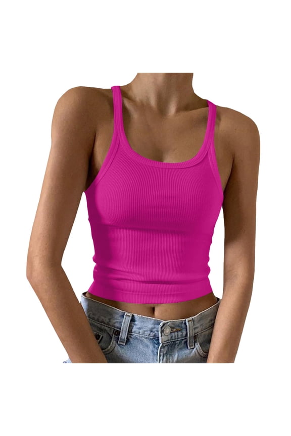Women's Sleeveless Tank Top Form Fitting Scoop Neck Ribbed Knit Basic Cami Shirts Hot Pink, XXL