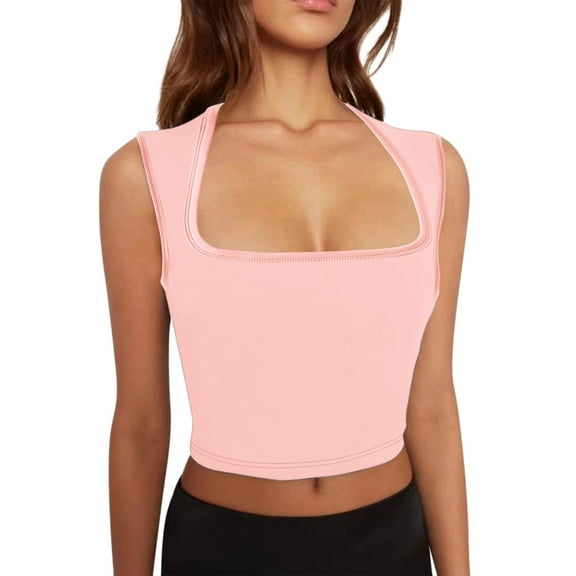 Pimfylm Women's Square Neck Sleeveless Double-Layer Tank Tops Basic Tight T Shirts Pink, M