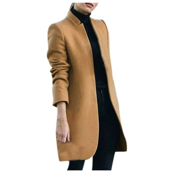 Pimfylm Women's Stand Collar Open Front Pea Coat Casual Winter Warm Mid Long Blazer Trench Coats Overcoat Outerwear Khaki, M