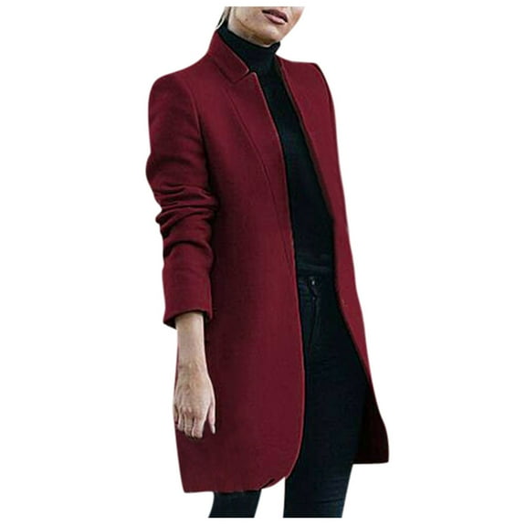 Pimfylm Women's Stand Collar Open Front Pea Coat Casual Winter Warm Mid Long Blazer Trench Coats Overcoat Outerwear , M