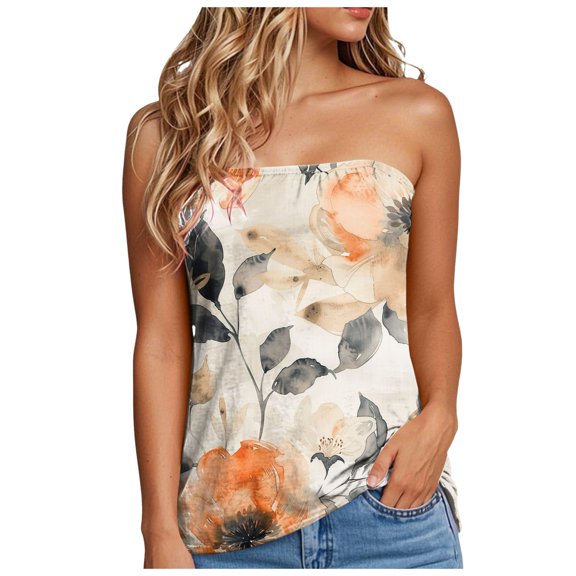 Pimfylm Women's Strapless Sleeveless Tube Tops Pleated Stretch Tunic Tanks Summer Blouse Cami Shirt Beige, XXL