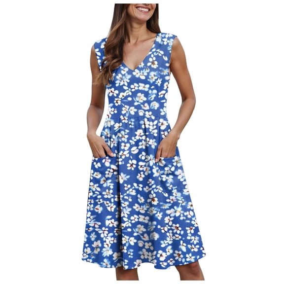 Pimfylm Women's Summer Casual Dress Short Sleeve Wrap V Neck Midi Dresses with Pockets Blue, XL