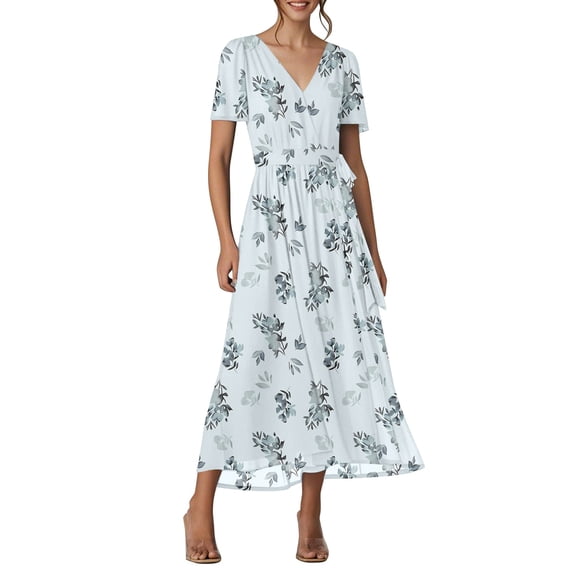 Pimfylm Women's Summer Casual Dress Short Sleeve Wrap V Neck Midi Dresses with Pockets Light Blue, XL