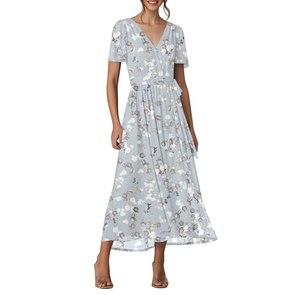 Pimfylm Women's Summer Casual Dress Short Sleeve Wrap V Neck Midi Dresses with Pockets Light Gray, L