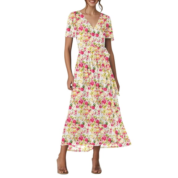 Pimfylm Women's Summer Casual Dress Short Sleeve Wrap V Neck Midi Dresses with Pockets Red, L