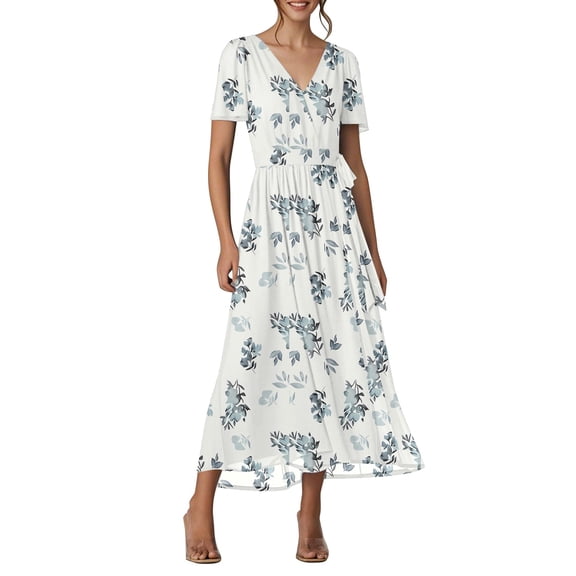 Pimfylm Women's Summer Casual Dress Short Sleeve Wrap V Neck Midi Dresses with Pockets White, M