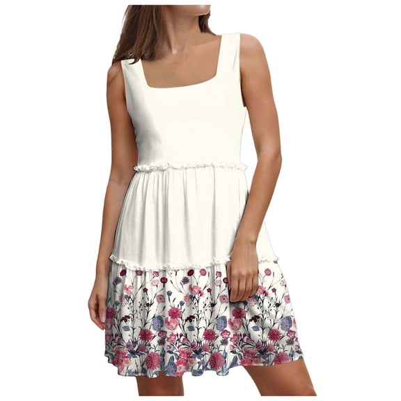 Pimfylm Women's Summer Casual Square Neck Dress with Pocket Cute Sleeveless High Waist A-line Sundress Midi Dresses Beige, XXL