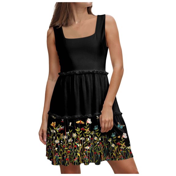 Pimfylm Women's Summer Casual Square Neck Dress with Pocket Cute Sleeveless High Waist A-line Sundress Midi Dresses Green, XL