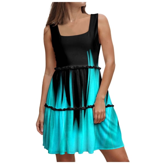 Pimfylm Women's Summer Casual Square Neck Dress with Pocket Cute Sleeveless High Waist A-line Sundress Midi Dresses Sky Blue, XL