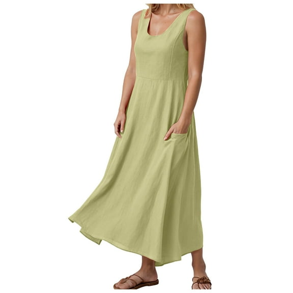 Pimfylm Women's Summer Cotton Linen Long Dress Sleeveless Elegant Flowy Dresses Plus Size Loose Comfy Dress with Pockets Light Green, XXXXL