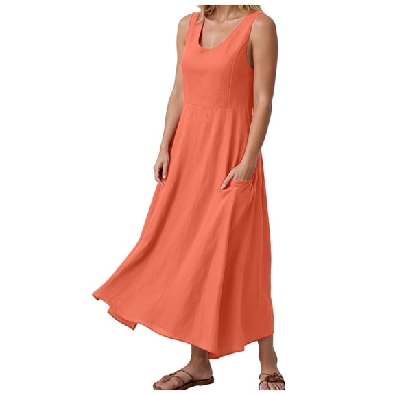 Pimfylm Women's Summer Cotton Linen Long Dress Sleeveless Elegant Flowy Dresses Plus Size Loose Comfy Dress with Pockets Orange, S