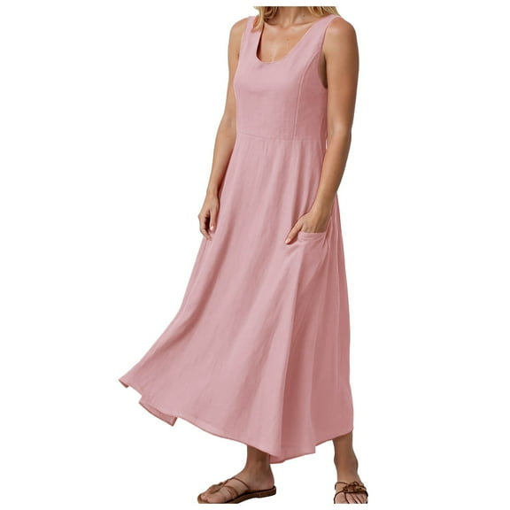 Pimfylm Women's Summer Cotton Linen Long Dress Sleeveless Elegant Flowy Dresses Plus Size Loose Comfy Dress with Pockets Pink, XXXL