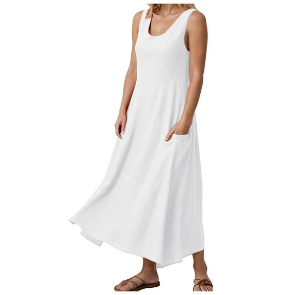 Pimfylm Women's Summer Cotton Linen Long Dress Sleeveless Elegant Flowy Dresses Plus Size Loose Comfy Dress with Pockets White, XXXXL