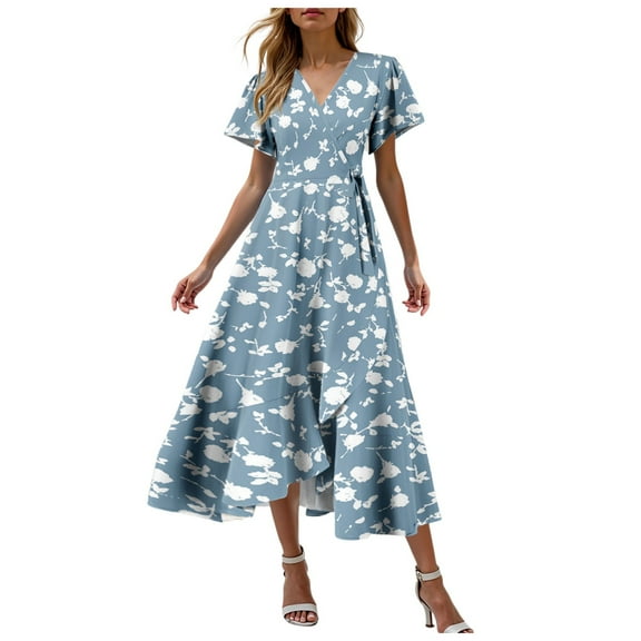 Pimfylm Women's Summer Dresses Midi Tiered Casual Dress Floral V Neck Ruffle Short Sleeve Flowy Beach Dress with Pockets Blue, M