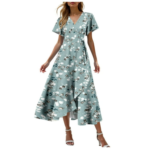 Pimfylm Women's Summer Dresses Midi Tiered Casual Dress Floral V Neck Ruffle Short Sleeve Flowy Beach Dress with Pockets Green, M