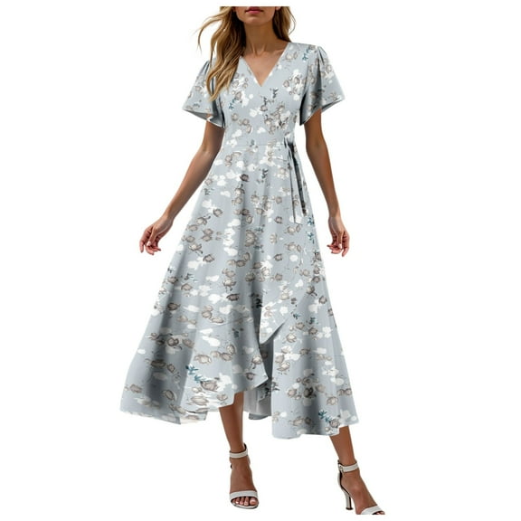 Pimfylm Women's Summer Dresses Midi Tiered Casual Dress Floral V Neck Ruffle Short Sleeve Flowy Beach Dress with Pockets Grey, M