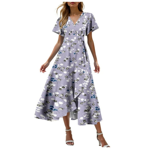 Pimfylm Women's Summer Dresses Midi Tiered Casual Dress Floral V Neck Ruffle Short Sleeve Flowy Beach Dress with Pockets Light Purple, XL