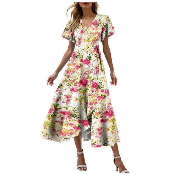 Pimfylm Women's Summer Dresses Midi Tiered Casual Dress Floral V Neck Ruffle Short Sleeve Flowy Beach Dress with Pockets Watermelon Red, M