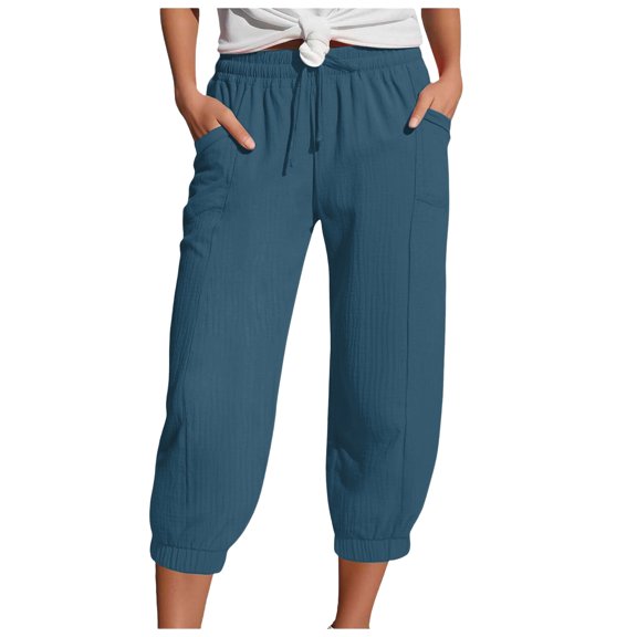 Pimfylm Women's Summer High Waisted Baggy Pants Casual Cotton Harem Capris Slacks with Pockets Dark Blue, XL