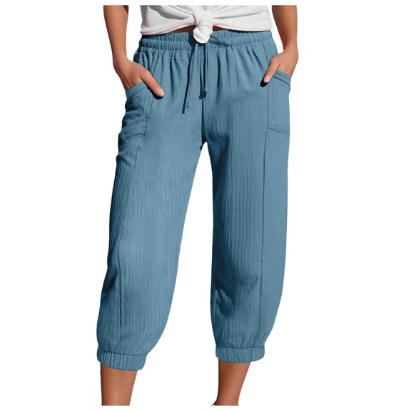 Pimfylm Women's Summer High Waisted Baggy Pants Casual Cotton Harem Capris Slacks with Pockets Light Blue, XL