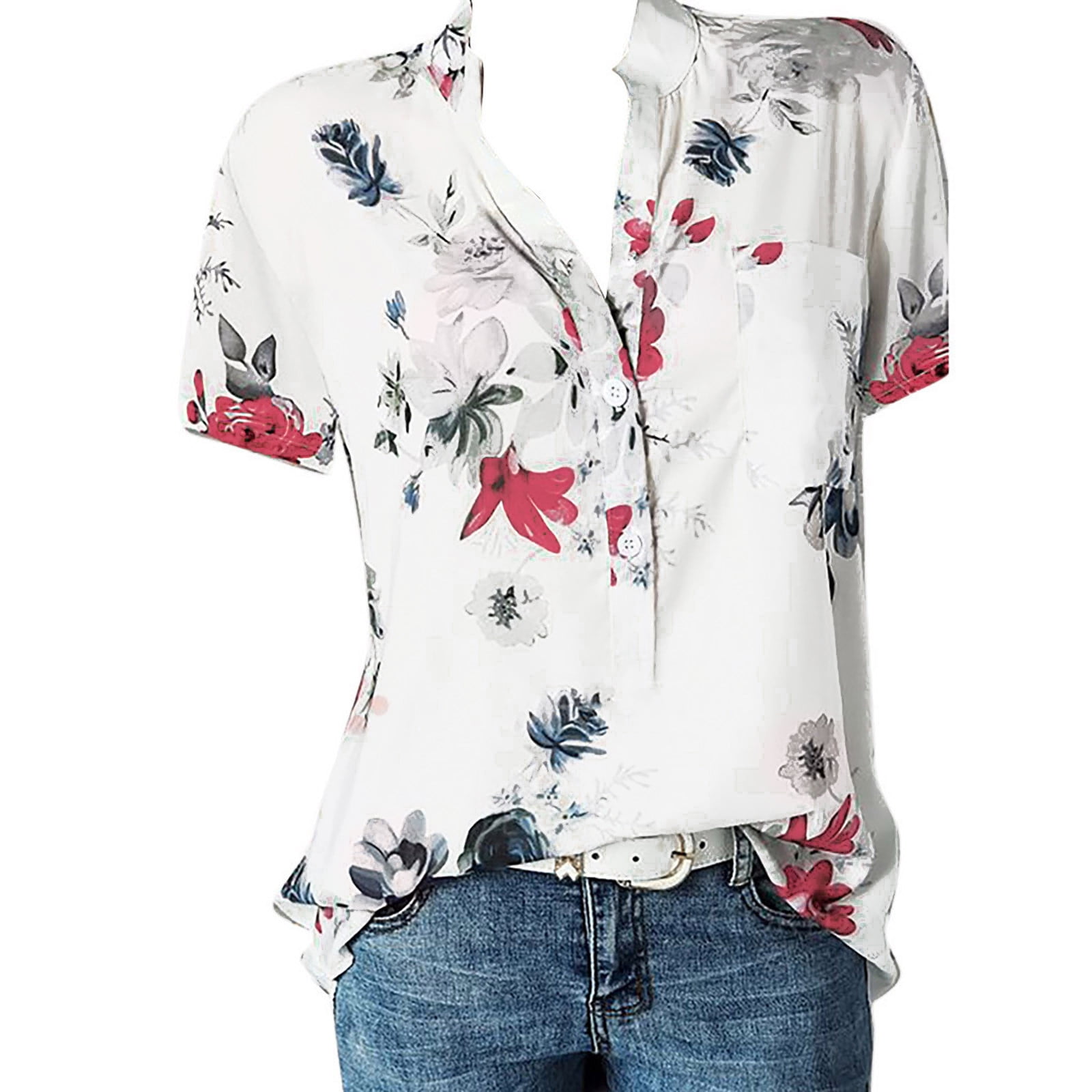 Eofeir Women's Casual V-Neck Tunic Top - Short Sleeve Summer Blouse With Ruffle Sleeves - View #4