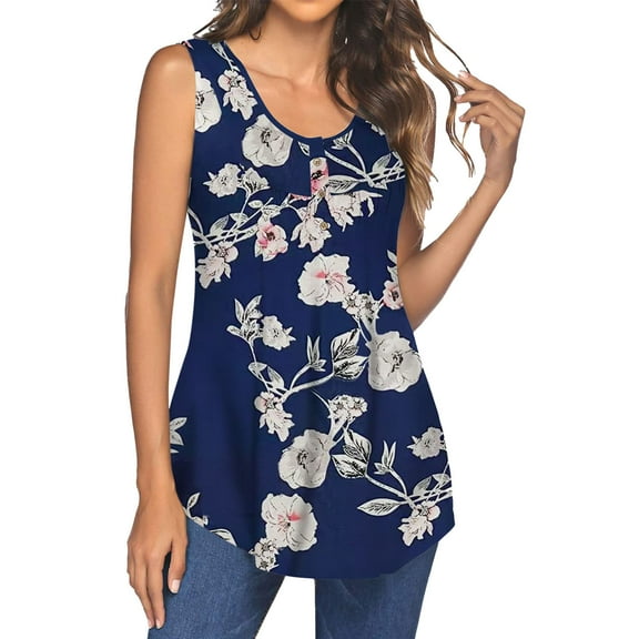 Pimfylm Women's Summer Tank Tops Pleated U Neck Sleeveless Trendy Tops for Women Dressy Casual Navy, XXL