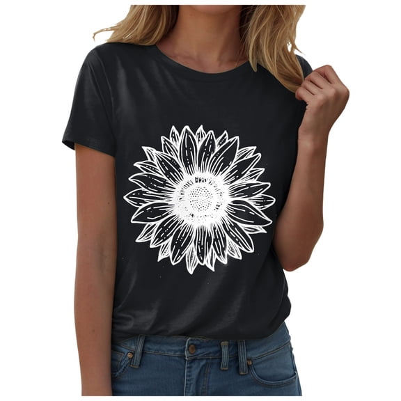 Pimfylm Women's T Shirts Short Sleeve Tees Sunflower Graphic Loose Summer Tops Black, XL