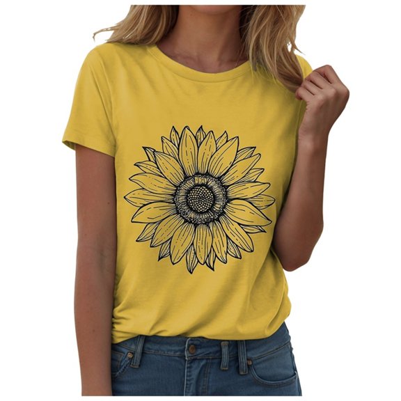 Pimfylm Women's T Shirts Short Sleeve Tees Sunflower Graphic Loose Summer Tops Yellow, XXL