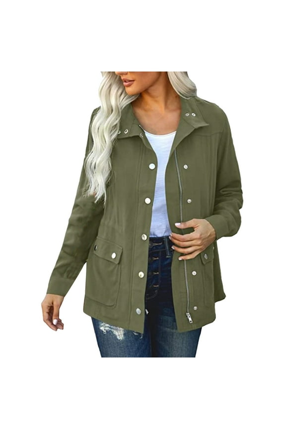 Women's Utility Jacket Drawstring Waist 2025 Spring Flap Pockets Lightweight Jackets Army Green, S