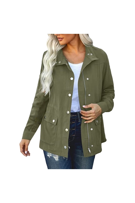 Women's Utility Jacket Drawstring Waist 2025 Spring Flap Pockets Lightweight Jackets Army Green, XL