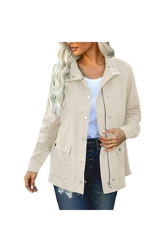 Women's Utility Jacket Drawstring Waist 2025 Spring Flap Pockets Lightweight Jackets Beige, XL